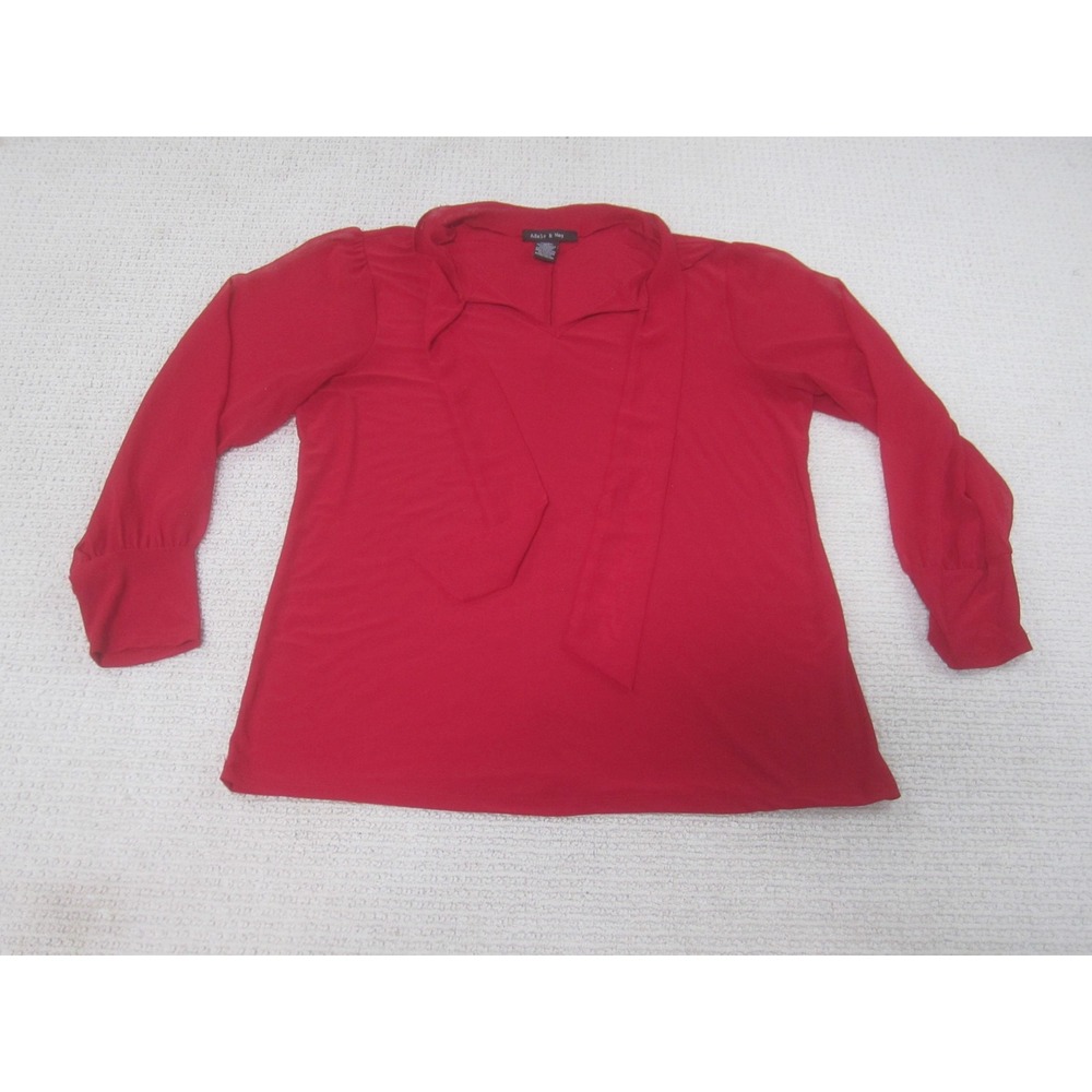 Adele & May Blouse‎ Womens XL Red Long Sleeve Tie Neck Office Top Stretchy